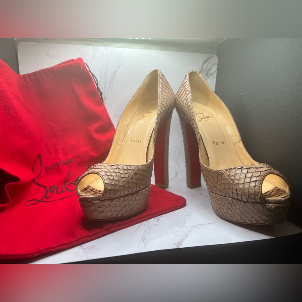 Christian Louboutin brown python peep toe block heel